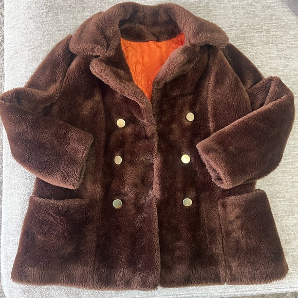 Sears Jackets & Blazers - Vintage Sears Women's Brown Teddy Jacket with Orange Lining (Faux Fur)